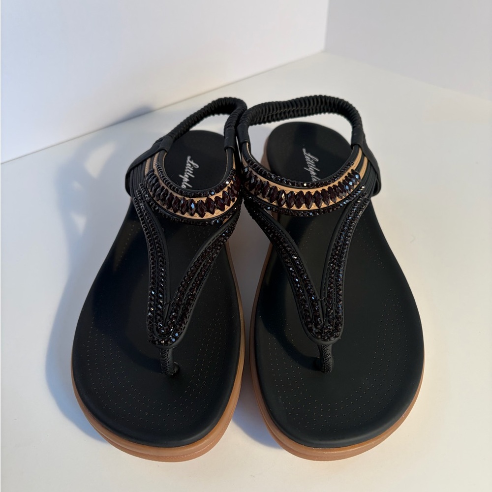 Little Plum, Black and Tan Beaded Sandals
